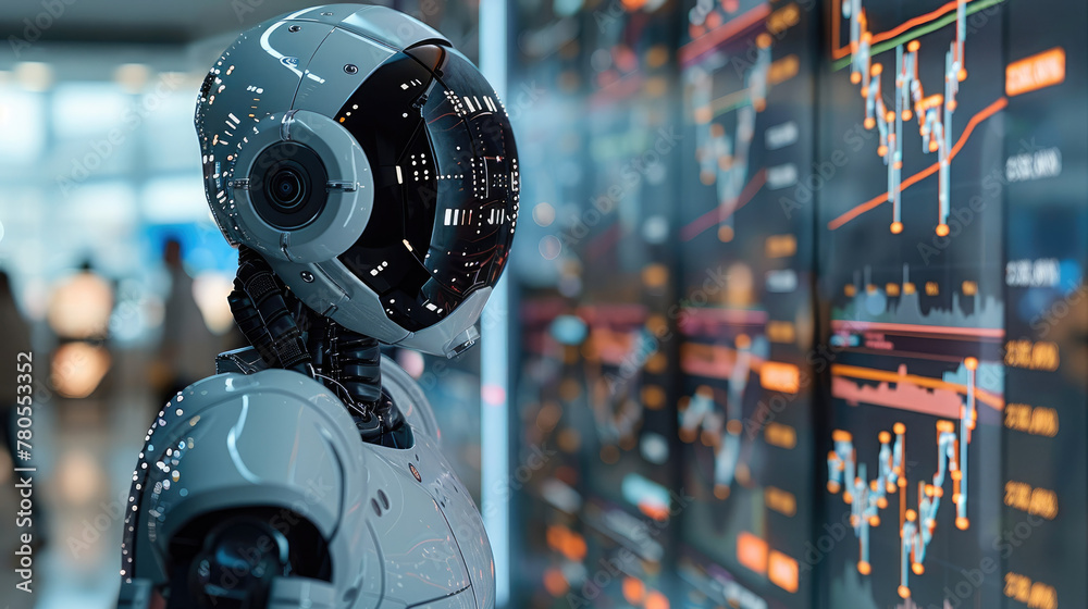 Fototapete Robot standing in front of an trading chart, use of artificial intelligence for stock market analysis. Generative AI.