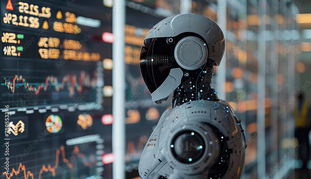 Poster Robot standing in front of an trading chart, use of artificial intelligence for stock market analysis. Generative AI.