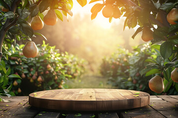 Wooden podium for advertising a product in a pear orchard with rows of trees with ripe fruits on a sunny day. Round wooden platform table with empty space