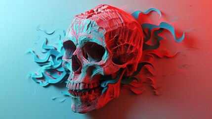 Skull with red and blue fire details, intricately lined, set on a contrasting color backdrop