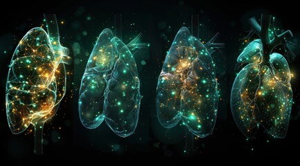 In a futuristic interface, mosaic icons representing organs like the lung, pancreas, and liver are displayed in virtual reality. These icons are made of translucent lines and dots - obrazy, fototapety, plakaty