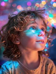 Naklejka premium Capturing the vibrant energy of a dance party, close-ups reveal children's faces illuminated by disco lights, their joy reflecting the music as they revel in the moment.