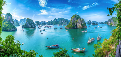 The most beautiful natural scenery in Vietnam is Ha Long Bay with its green mountains and blue waters