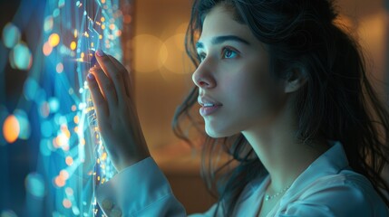 Indian business woman accessing big touch screen. Generative AI.