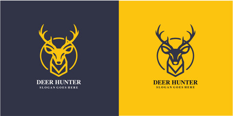 Deer Hunter icon logo design template. Monochrome deer head from front logo vector illustration - obrazy, fototapety, plakaty