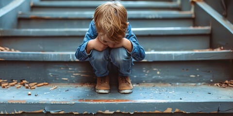 Upset Young Boy Sitting Alone on Staircase
