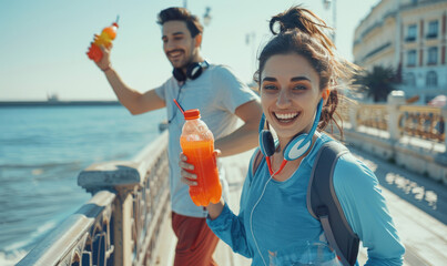 A happy woman in blue running gear drinks from an orange and red sports bottle of energy drink while standing on the boardwalk - obrazy, fototapety, plakaty