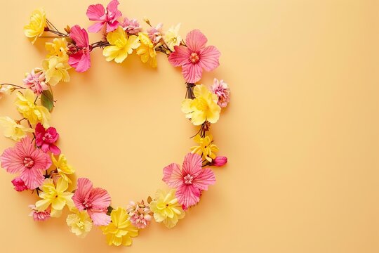 Flower wreath. Heart shaped wreath made of colorful flowers, isolated on a yellow background. Floral flat lay. aesthetic spring design idea, easter decoration creative idea. Springtime. No people
