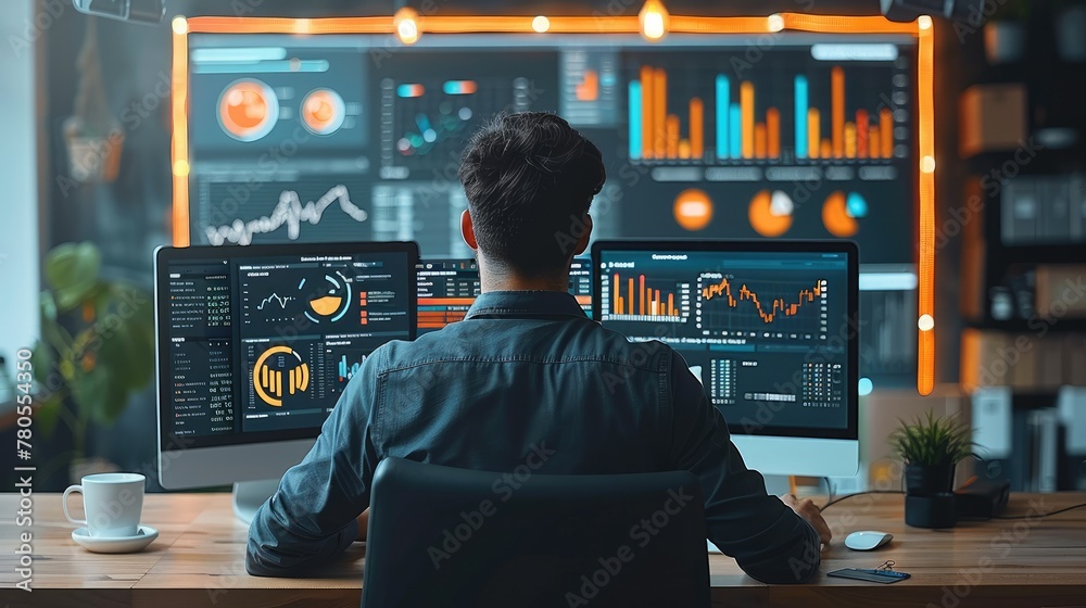 Poster Male working with computer and data infographic in office background. Generative AI.