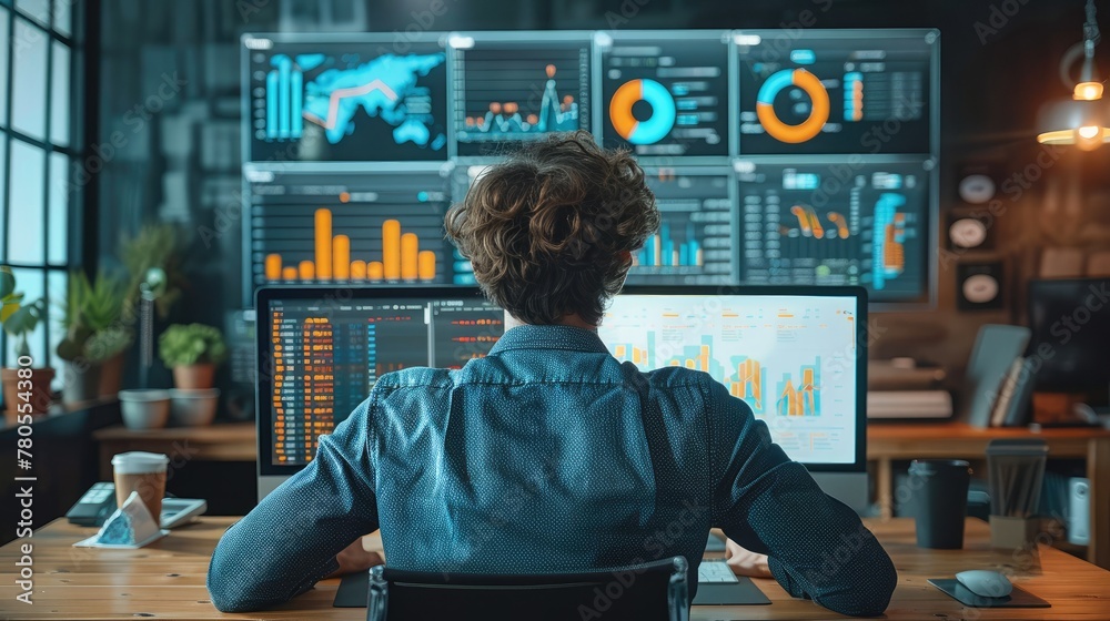 Aufkleber Male working with computer and data infographic in office background. Generative AI.