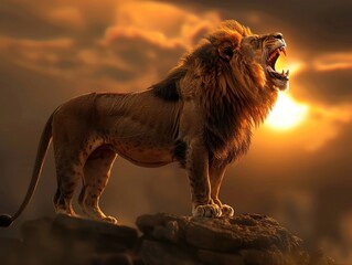 A lion with the rippling torso of a champion bodybuilder, poised on a rocky outcrop, roaring against the backdrop of a setting sun, symbolizing of natural power.