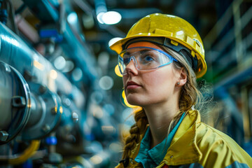 Focused Female Industrial Engineer at Work in Factory Setting