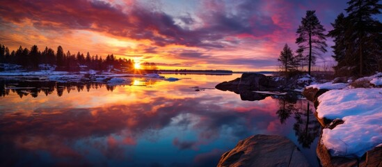 Water reflecting winter sunset