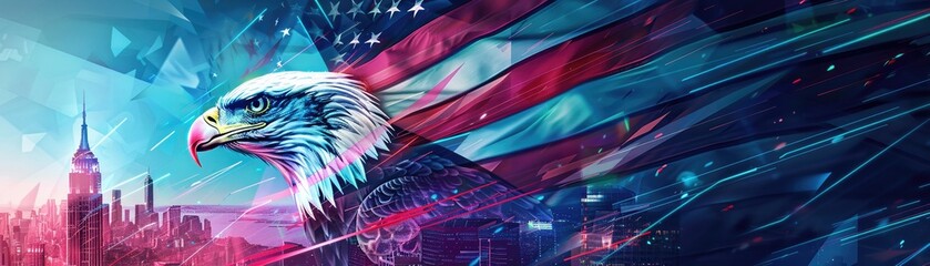 A digital rendition of an eagle with digital elements and stars, merging with the American flag, set against a futuristic skyline, symbolizing progress and tradition. - obrazy, fototapety, plakaty