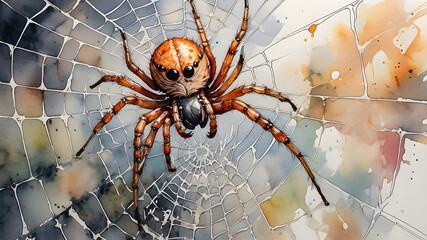 spider sits on a web on an abstract background. mystical watercolor illustration - obrazy, fototapety, plakaty