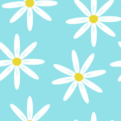 Seamless pattern with large summer flowers. Chamomiles on a blue background