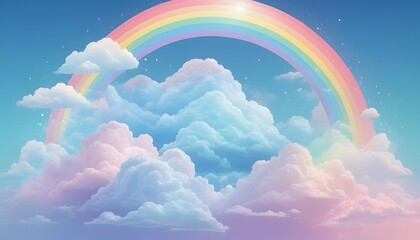 Pastel clouds with a beautiful rainbow. Holographic fantasy rainbow background with clouds. Pastel...