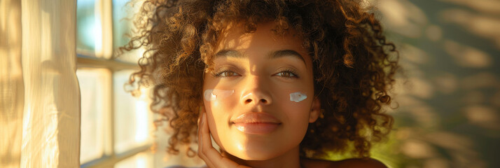 Sunlit Woman Enjoying a Relaxing Skincare Routine at Home