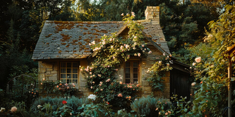 Enchanting Cottage Garden in Bloom at Sunset