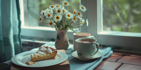 Cozy Morning Breakfast Scene with Fresh Daisies and Tart