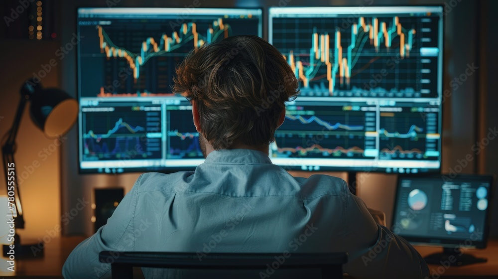 Poster male looking at analyse chart patterns on the screen. generative ai.