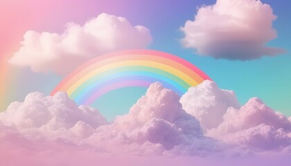 Pastel clouds with a beautiful rainbow. Holographic fantasy rainbow background with clouds. Pastel...