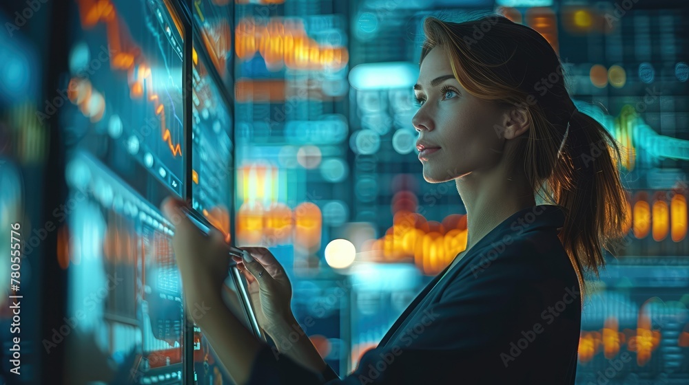 Poster female businessperson holding tablet computer in front of charts at night. generative ai.