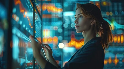Female businessperson holding tablet computer in front of charts at night. Generative AI.