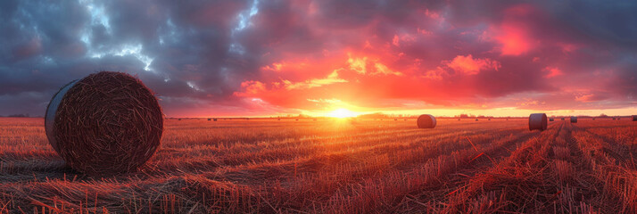 Fiery Sunset Over Harvested Farmland with Hay Bales - obrazy, fototapety, plakaty