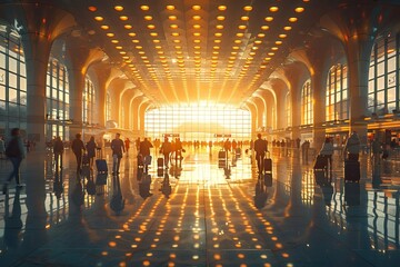 a group of people are walking through an airport terminal at sunset - obrazy, fototapety, plakaty