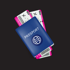 Vector blue international passport with two airplane tickets inside isolated on black background. Top view Blue Passport with boarding pass for plane. Travel icon and label with id documents