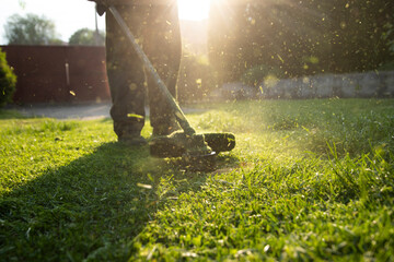 Lawn mover on green grass. Machine for cutting lawns.