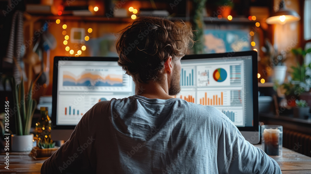 Poster male freelance working with statistics on a computer, data analysis. generative ai.