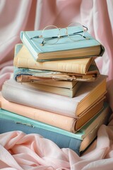Vintage Books Stack with Glasses on Pastel Linen Backdrop