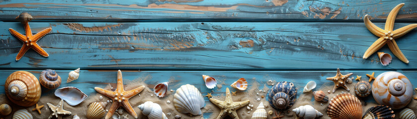 Coastal Charm: Sea Shells and Starfish on Weathered Wooden Background
