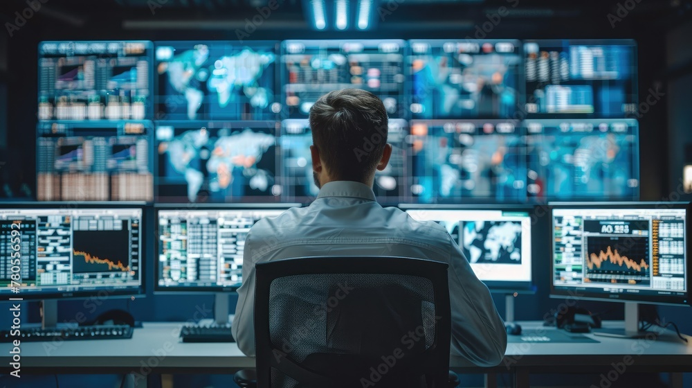 Poster Male system control center operator Working with Multiple Screens Showing Technical Data at workplace. Generative AI.