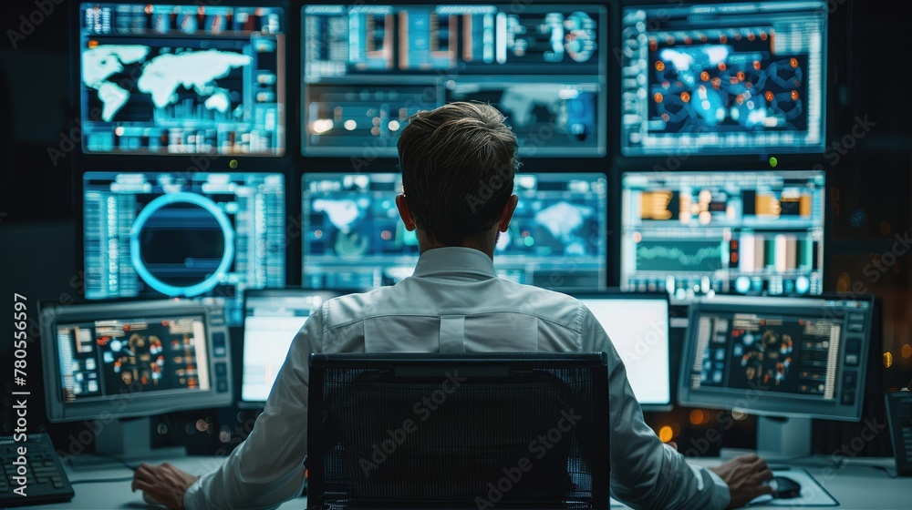 Poster Male system control center operator Working with Multiple Screens Showing Technical Data at workplace. Generative AI.