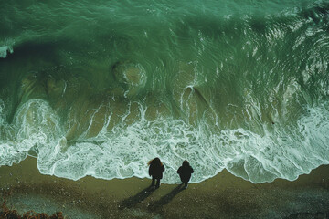 Coastal Stroll: Two People Walking by the Seashore