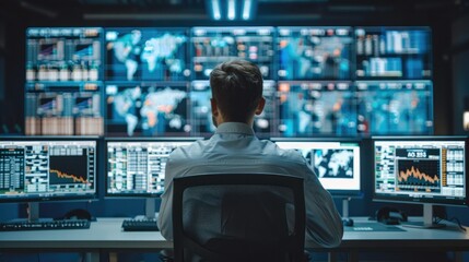 Male system control center operator Working with Multiple Screens Showing Technical Data at workplace. Generative AI. - obrazy, fototapety, plakaty