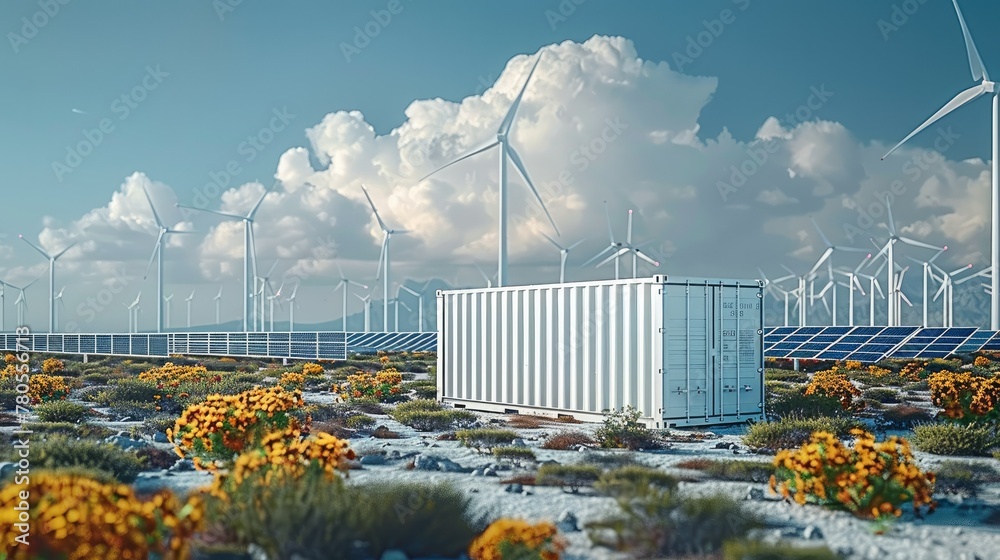 Poster white storage container with solar panels and wind turbines in the background. generative ai.