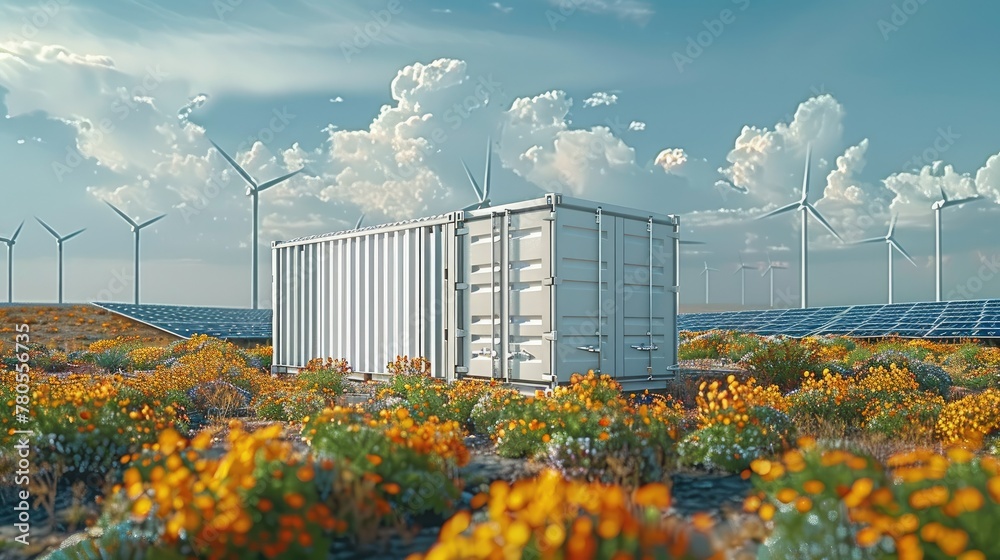 Aufkleber White storage container with solar panels and wind turbines in the background. Generative AI.