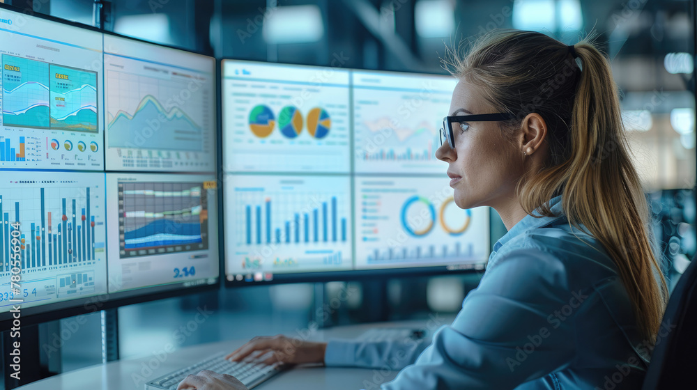 Aufkleber Female data analyst looking at a bunch of data visualisation and various type of graphs on three computer screen. Generative AI.