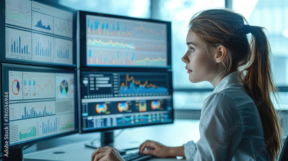 Poster Female data analyst looking at a bunch of data visualisation and various type of graphs on three computer screen. Generative AI.