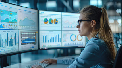 Female data analyst looking at a bunch of data visualisation and various type of graphs on three computer screen. Generative AI.