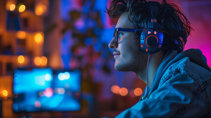 Smiling young man with stylish glasses and headphones engrossed in a late-night video gaming session, surrounded by colorful ambient lighting. Generative Al - obrazy, fototapety, plakaty