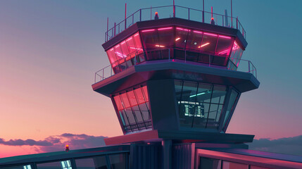 Airport control tower at dusk, Futuristic , Cyberpunk - obrazy, fototapety, plakaty