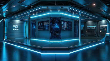 The design of the exhibition stand with dark blue background, scientific and technological feel, centered symmetrical composition. Generative AI.