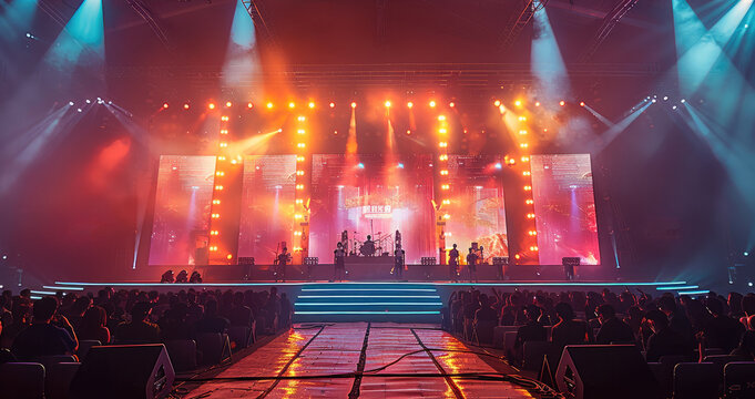 Outdoor rock music festival, stage design, LED screen. Generative AI.