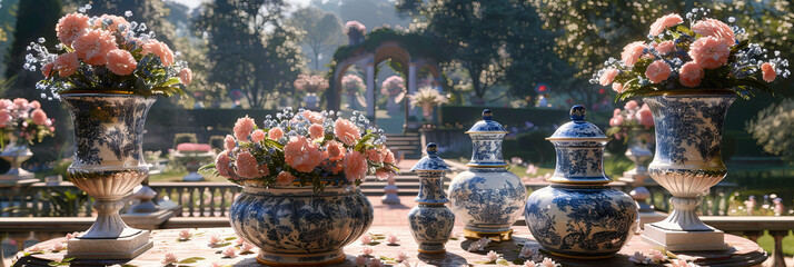 Elegant English Garden with Ornate Pavilions and Lush Floral Arrangements, A Sanctuary of Beauty and Tranquility