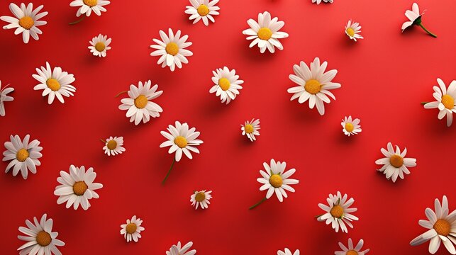 Floral pattern, chamomile buds on a bright red background. AI.